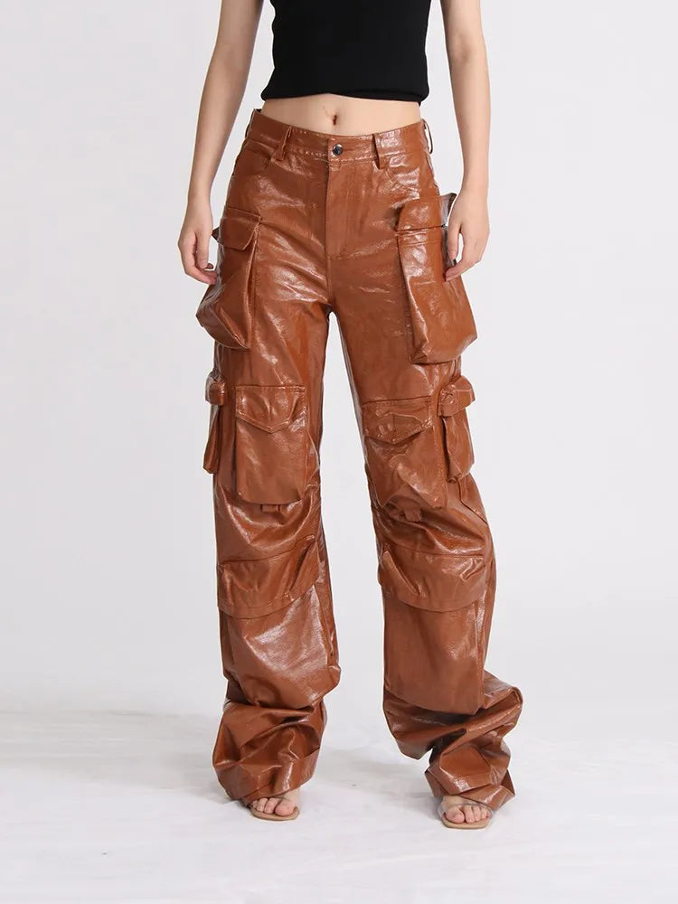 Vintage-Lederhose mit Reißverschluss, hoher Taille und weitem Schnitt,