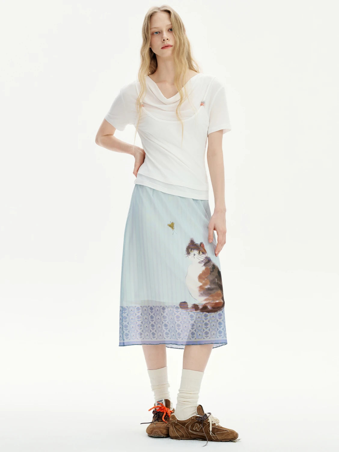 Y2K Cat Print Mesh A-Line Skirt
