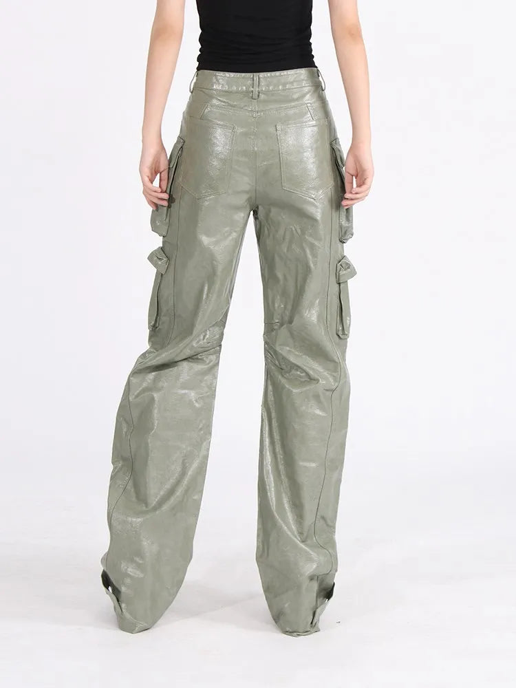 Vintage-Lederhose mit Reißverschluss, hoher Taille und weitem Schnitt,