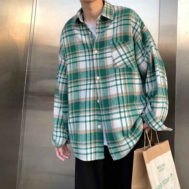 Chemise longue oversize rétro à carreaux en laine