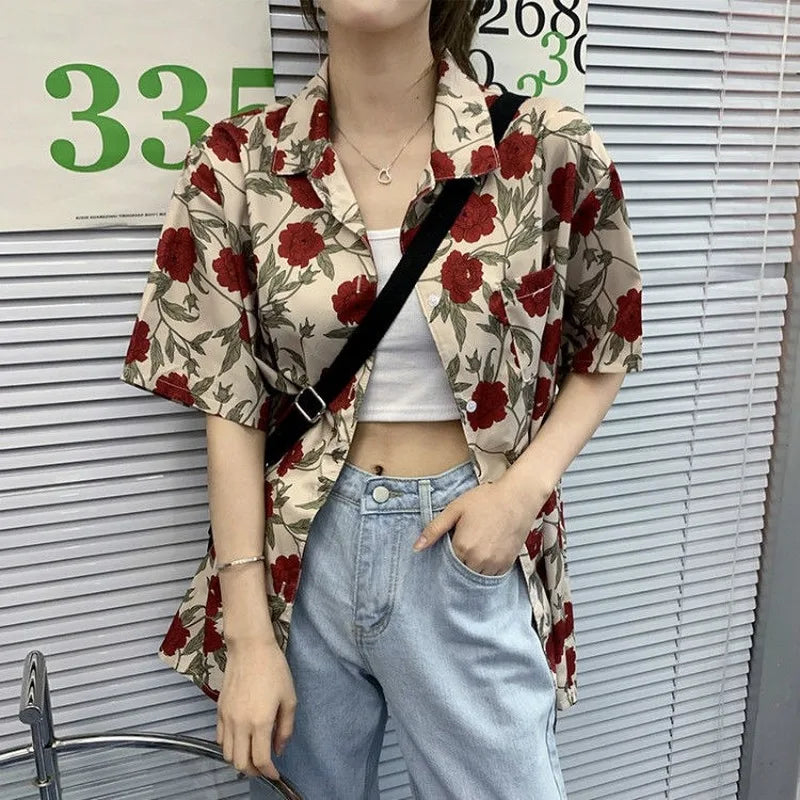 Chemise à manches courtes à imprimé rose vintage style coréen pour femme