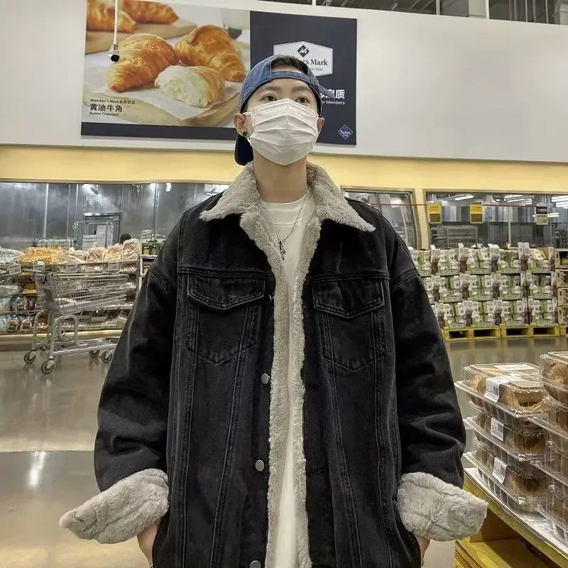 Veste en jean épaisse en polaire et fourrure style streetwear