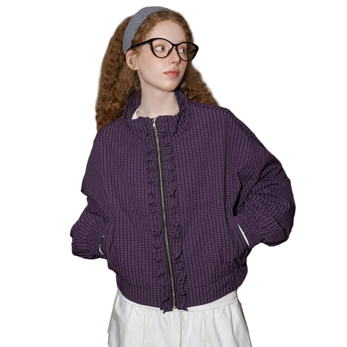 Plaid Vintage Lace Puff-Sleeve Women’s Zip-Up Jacket