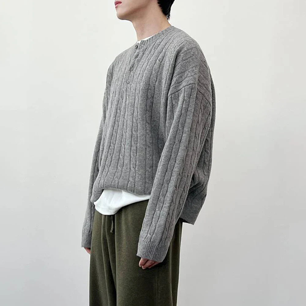Hochwertiger lässiger Henley-Zopfstrickpullover