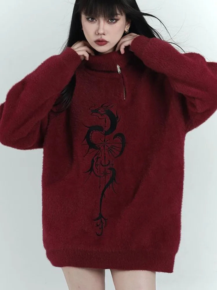 Pull rouge à fermeture éclair style grunge