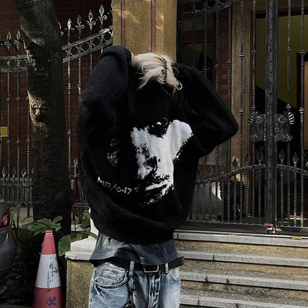 Pull jacquard à manches longues style streetwear gothique