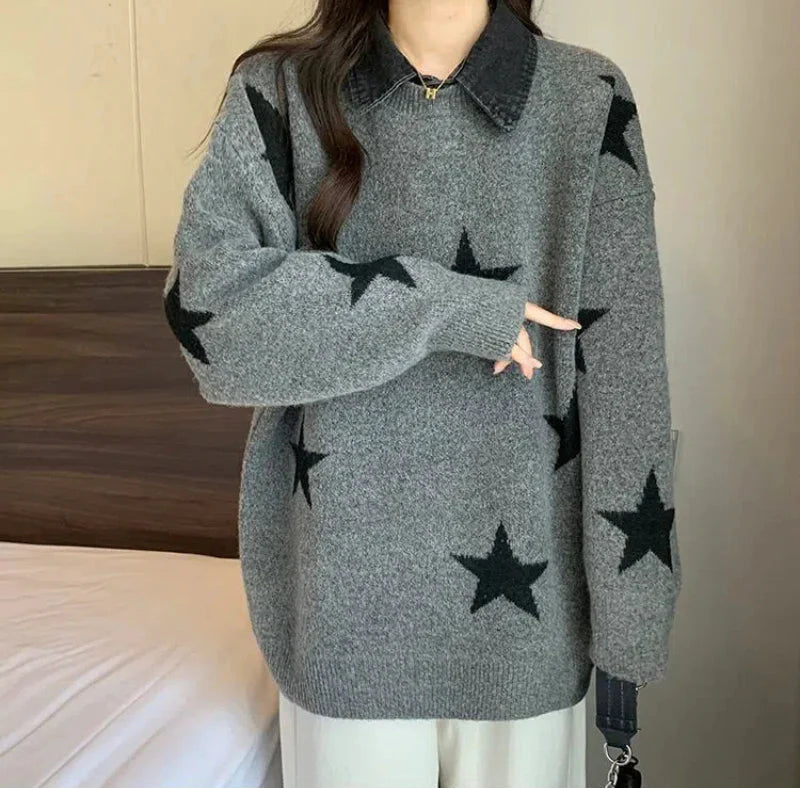 Pull rétro à étoiles pour femme, style patchwork vintage