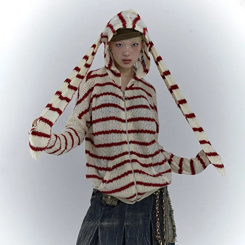 Cardigan rayé à oreilles de lapin style grunge vintage