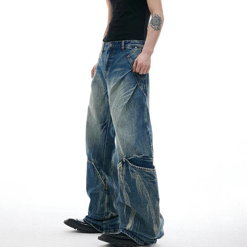 Jeans à jambes larges patchwork streetwear