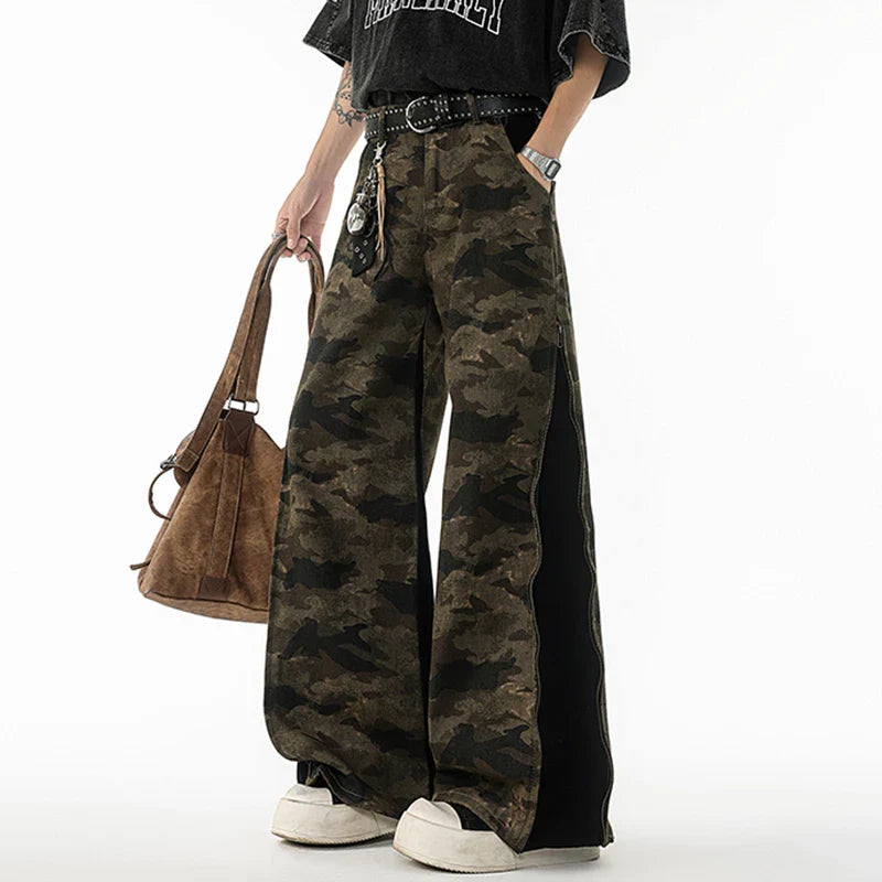 American Style Zipper Split Camouflage Wide-Leg Jeans