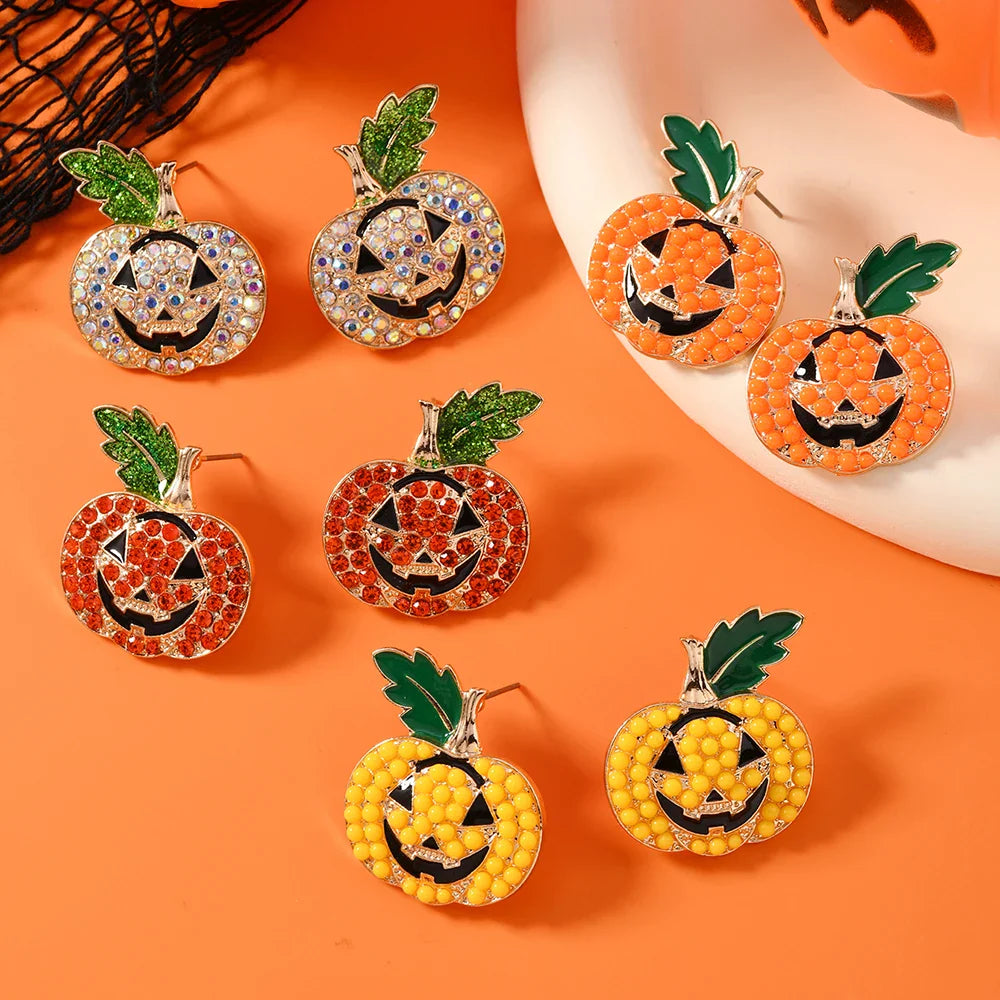 Lustige, mit Diamanten besetzte Halloween-Kürbis-Ohrringe