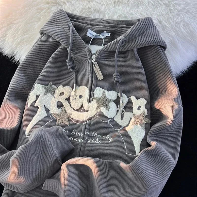 Y2K Embroidered Loose Zip-Up Hoodie