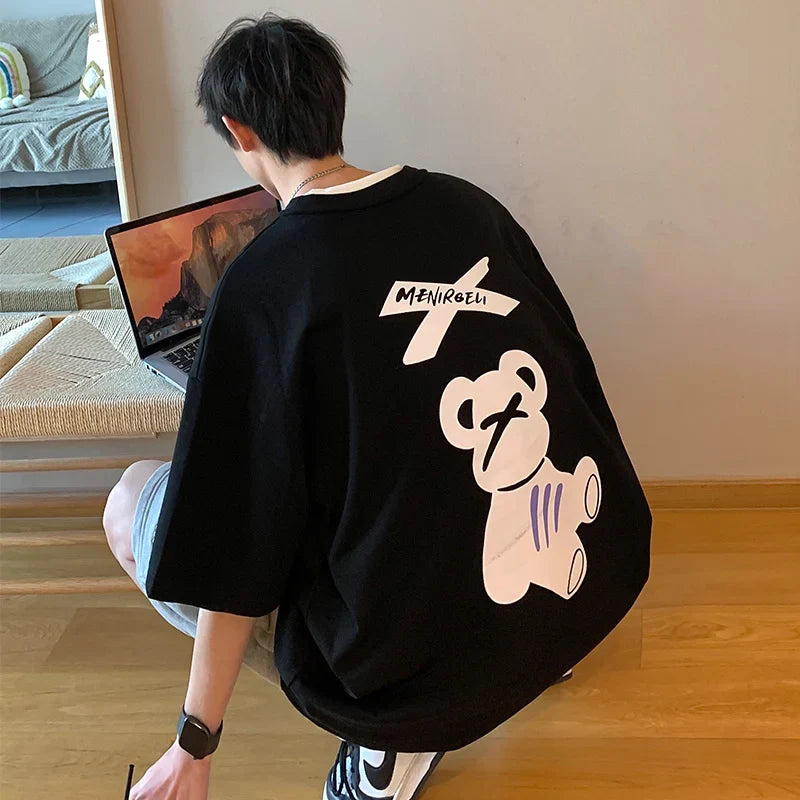 T-shirt coréen oversize à imprimé ours