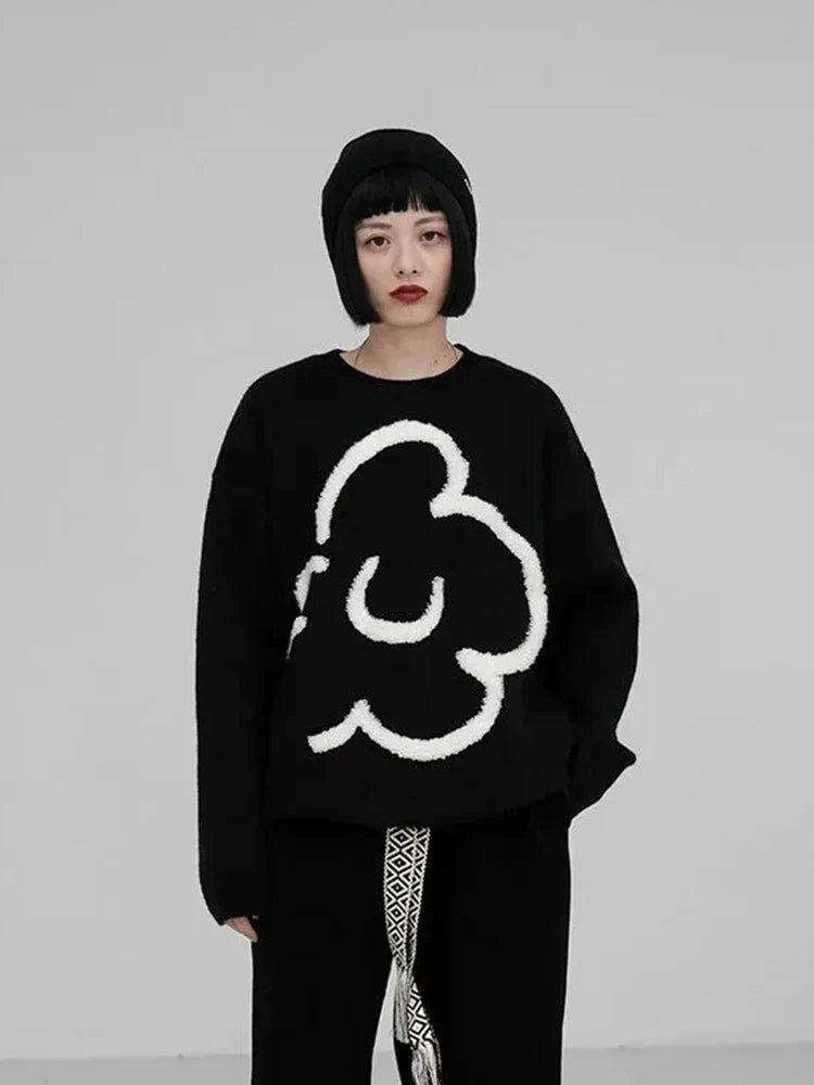 Women Vintage Black Floral Knitted Pullover Sweater
