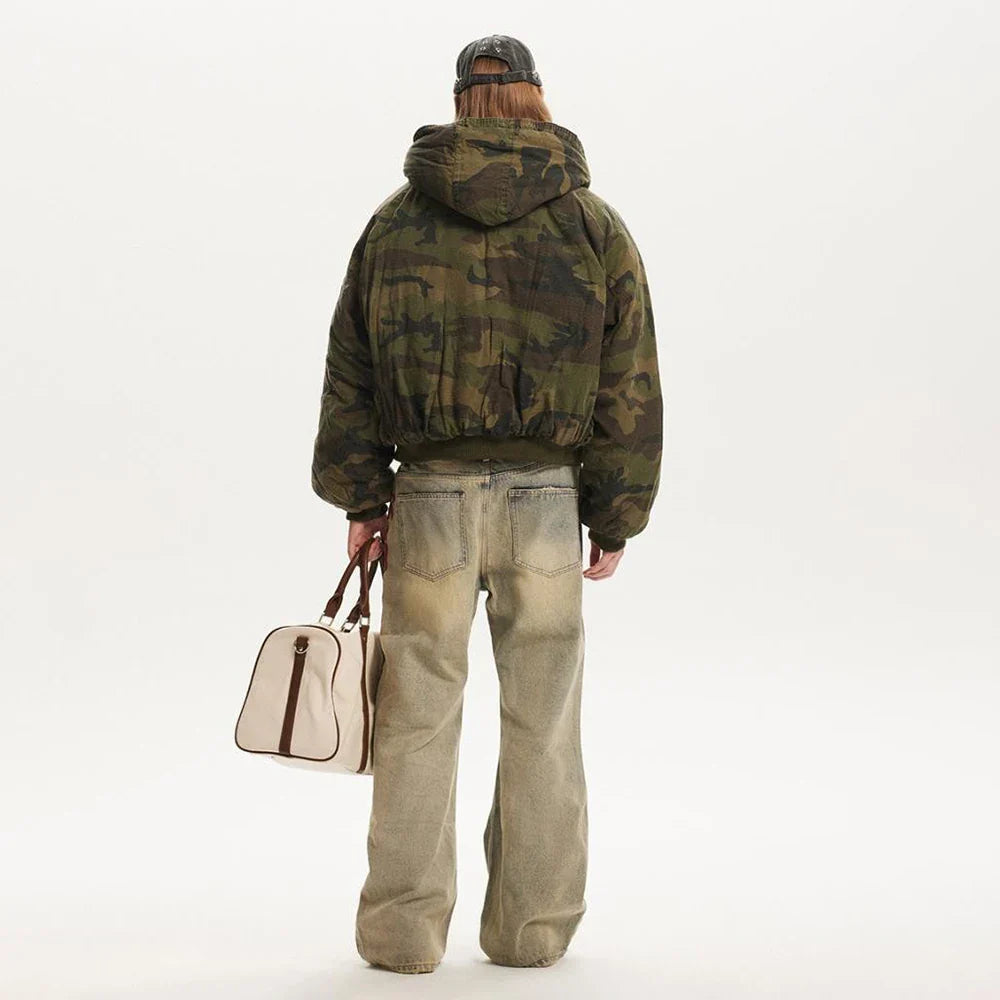 Herren Winterjacke mit Kapuze, Camouflage-Muster, dick gefüttert, Retro-Stil, Winterjacke mit Kapuze, Winterjacke im Camouflage-Look, dick gefüttert