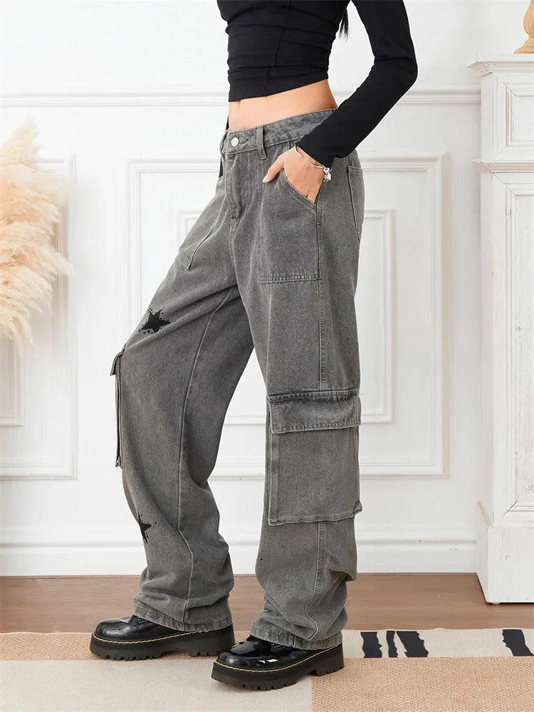 Gothic Star Graphic Denim Cargo Pants