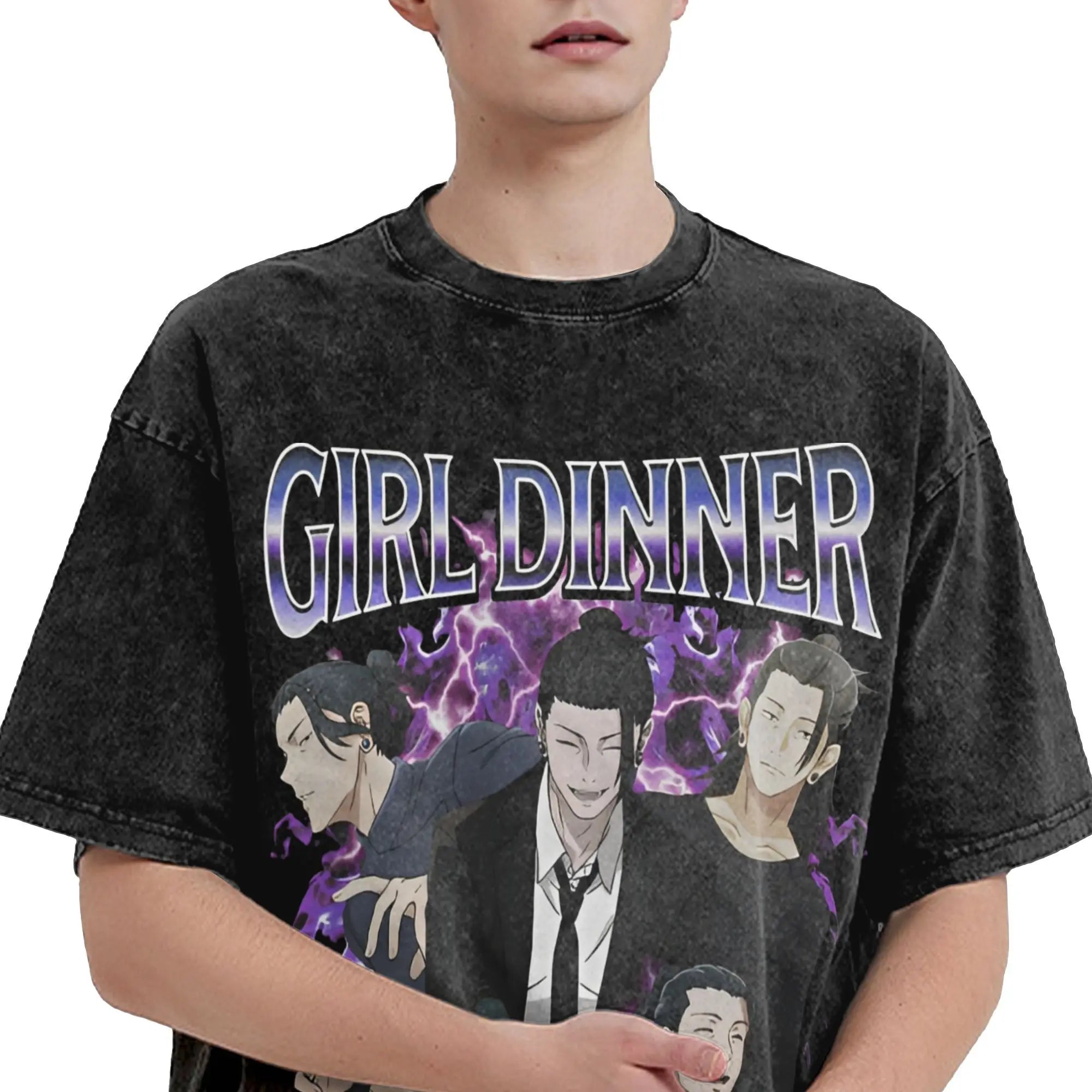 Anime-Mädchen-Dinner-Print, gewaschenes T-Shirt