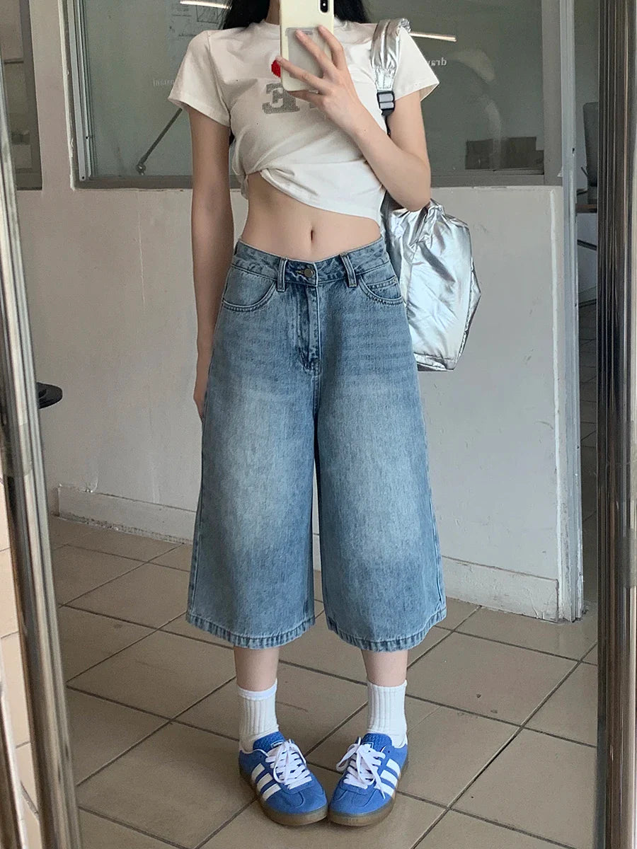 Short en jean ample en denim bleu délavé, polyvalent