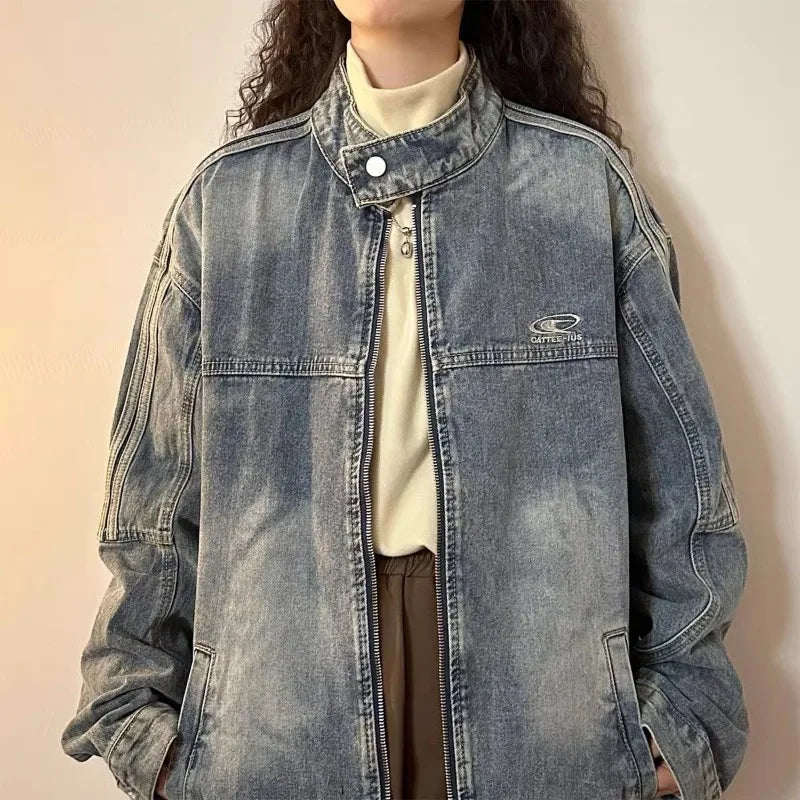 Veste en jean décontractée à fermeture éclair bleue