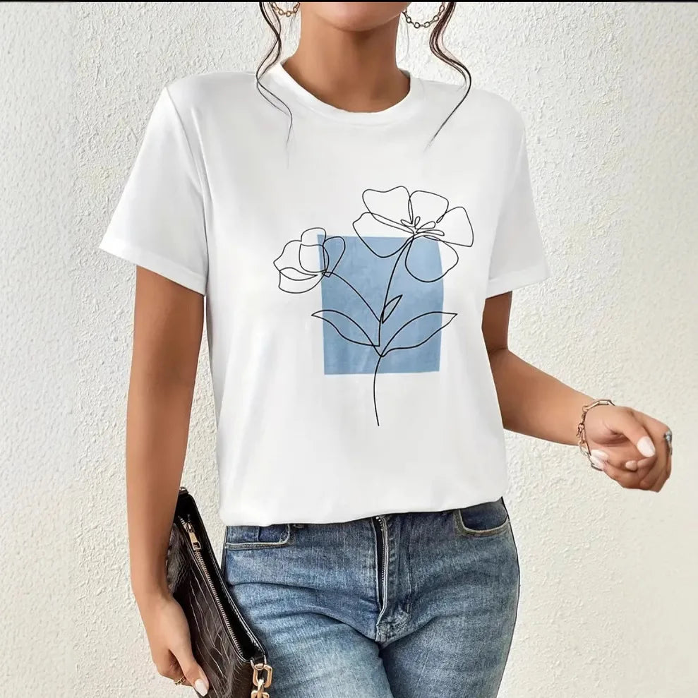 Weißes Freizeit-T-Shirt mit floralem Retro-Print für Damen