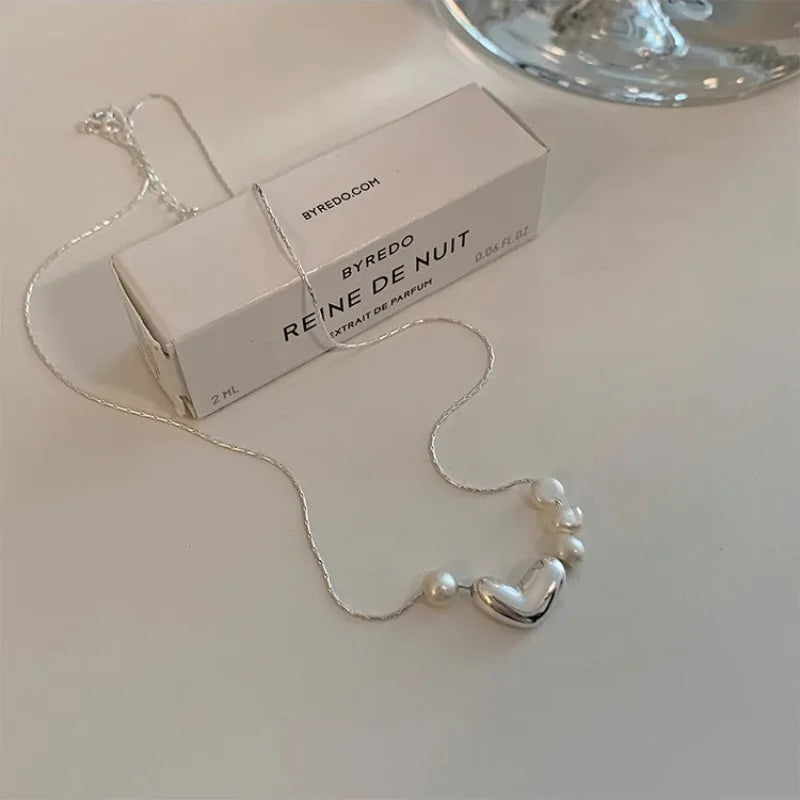 Women Cool Chic Silver Heart Pearl Necklace