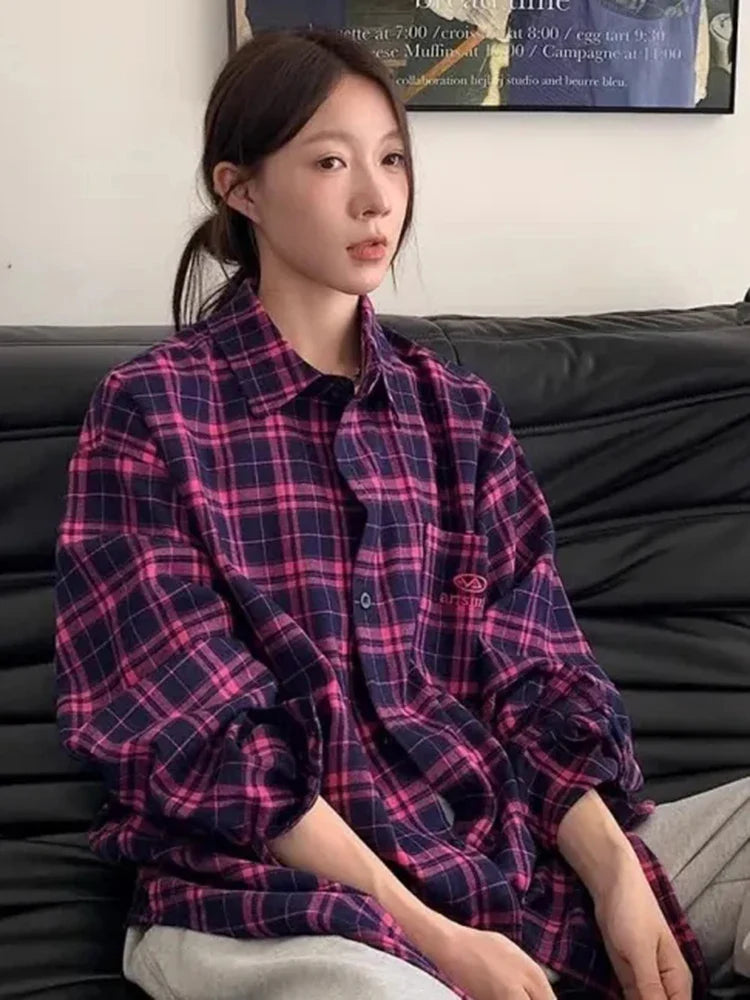 Chemise à carreaux rétro oversize à manches longues pour femme, style hip-hop