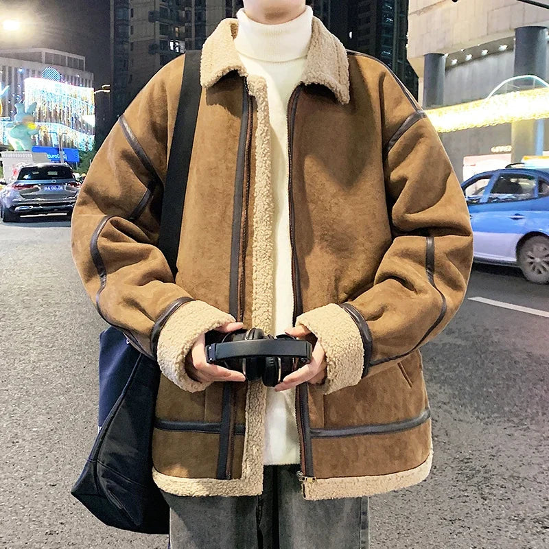Veste d'hiver luxueuse en velours d'agneau et daim, doublée de fausse fourrure.