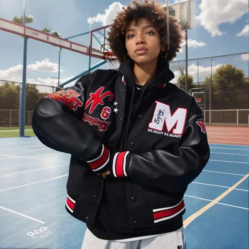 Herren-Retro-Collegejacke aus Leder mit Stickerei