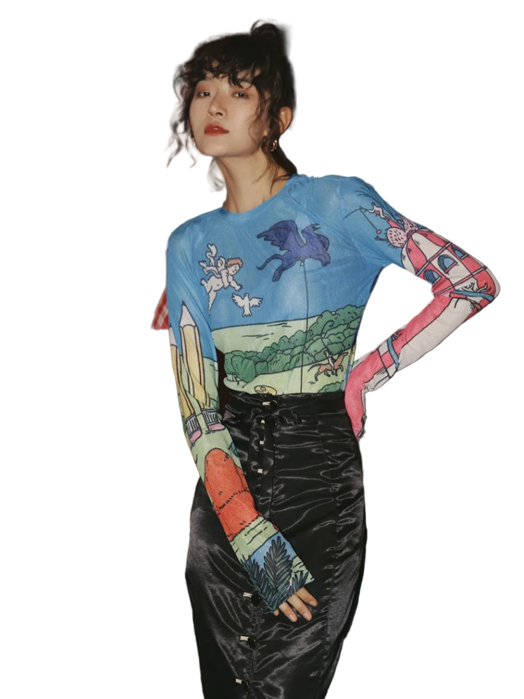 Y2K Sheer Mesh Long Sleeve Women's Top
