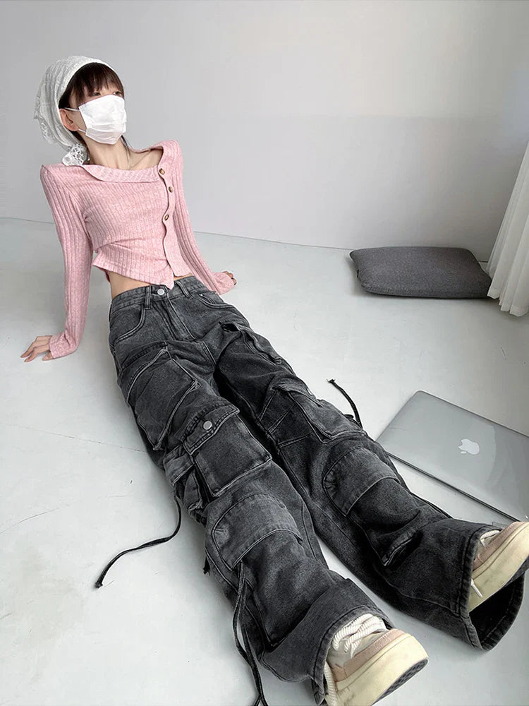 Vintage Wash Bandage High Waist Jeans