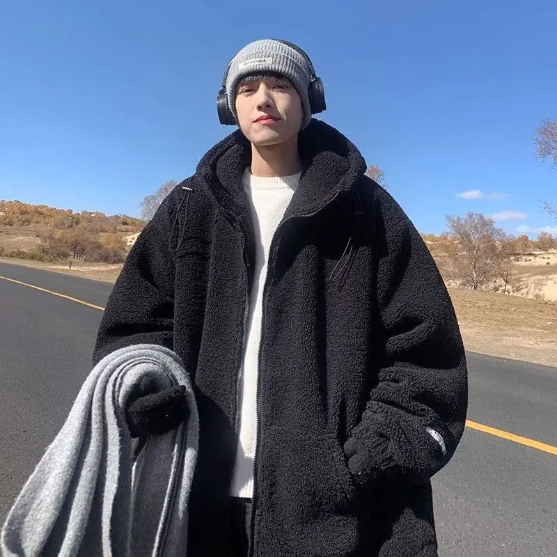Veste d'hiver rétro chaude en cuir d'agneau pour homme, style coréen