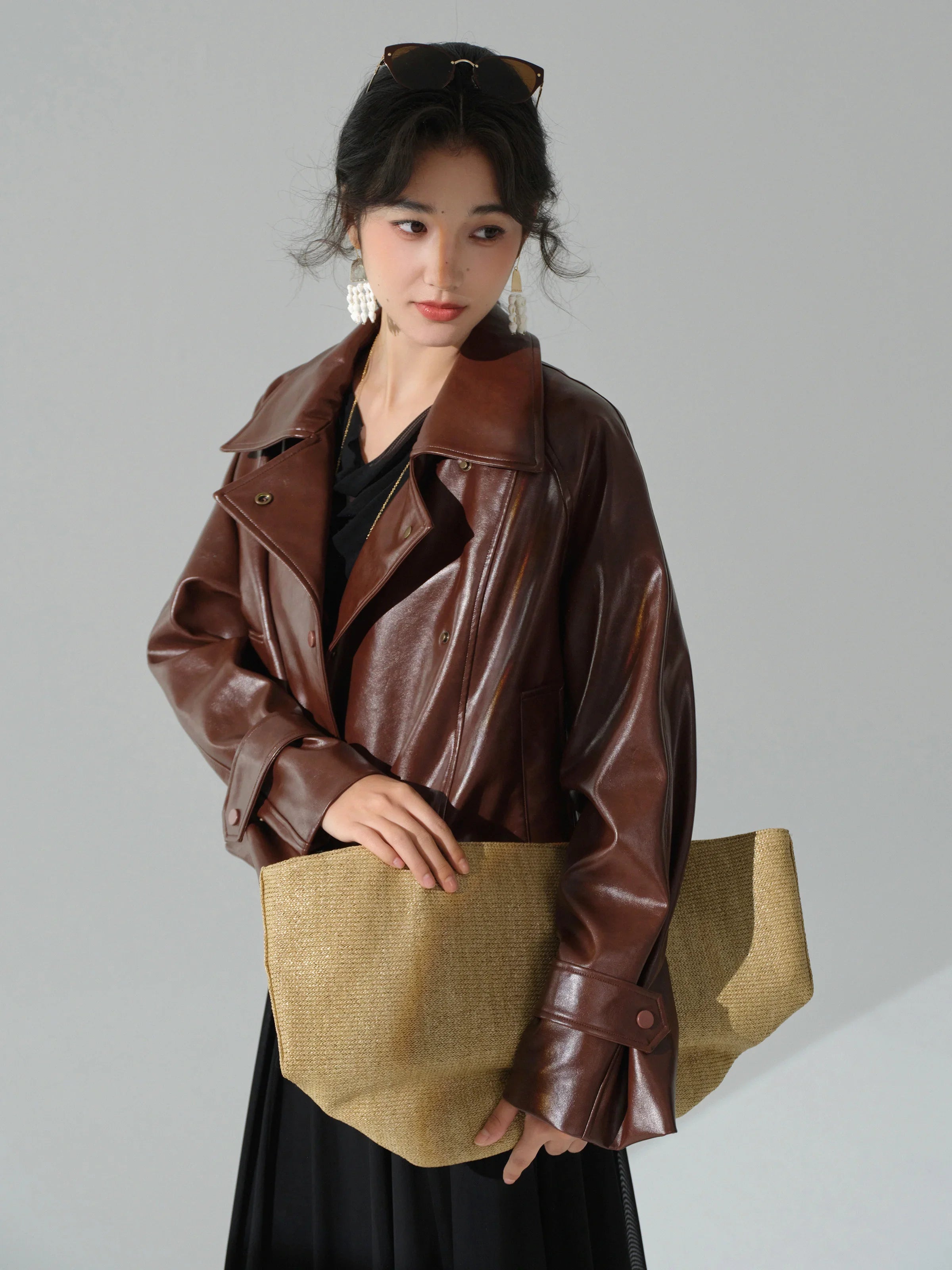 Veste de motard en cuir PU style Hong Kong chic