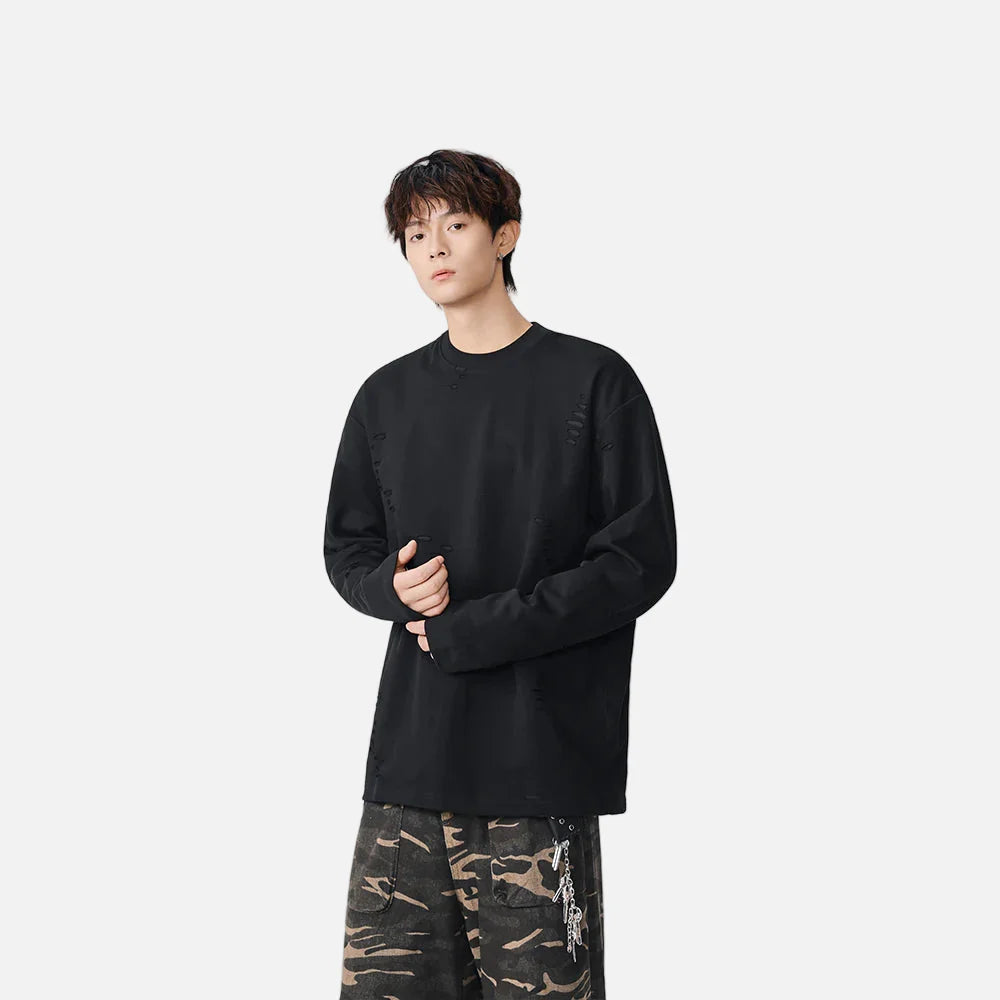 Used-Look, einfarbiges Langarm-T-Shirt mit Rundhalsausschnitt