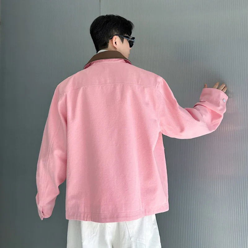 veste en jean rose à col rabattu style coréen