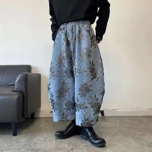 Pantalon ample à jambes larges pour homme avec broderie florale