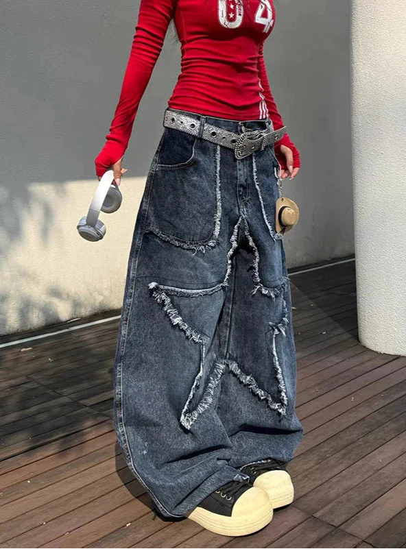 Ästhetische Cowboy-Jeans mit hohem Bund, blauem Sternenmuster und weitem Bein