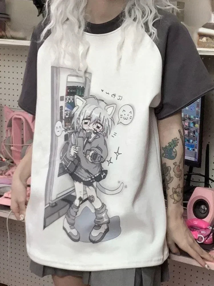 T-Shirt mit abnehmbarem Ärmel und Kawaii-Katzenprint
