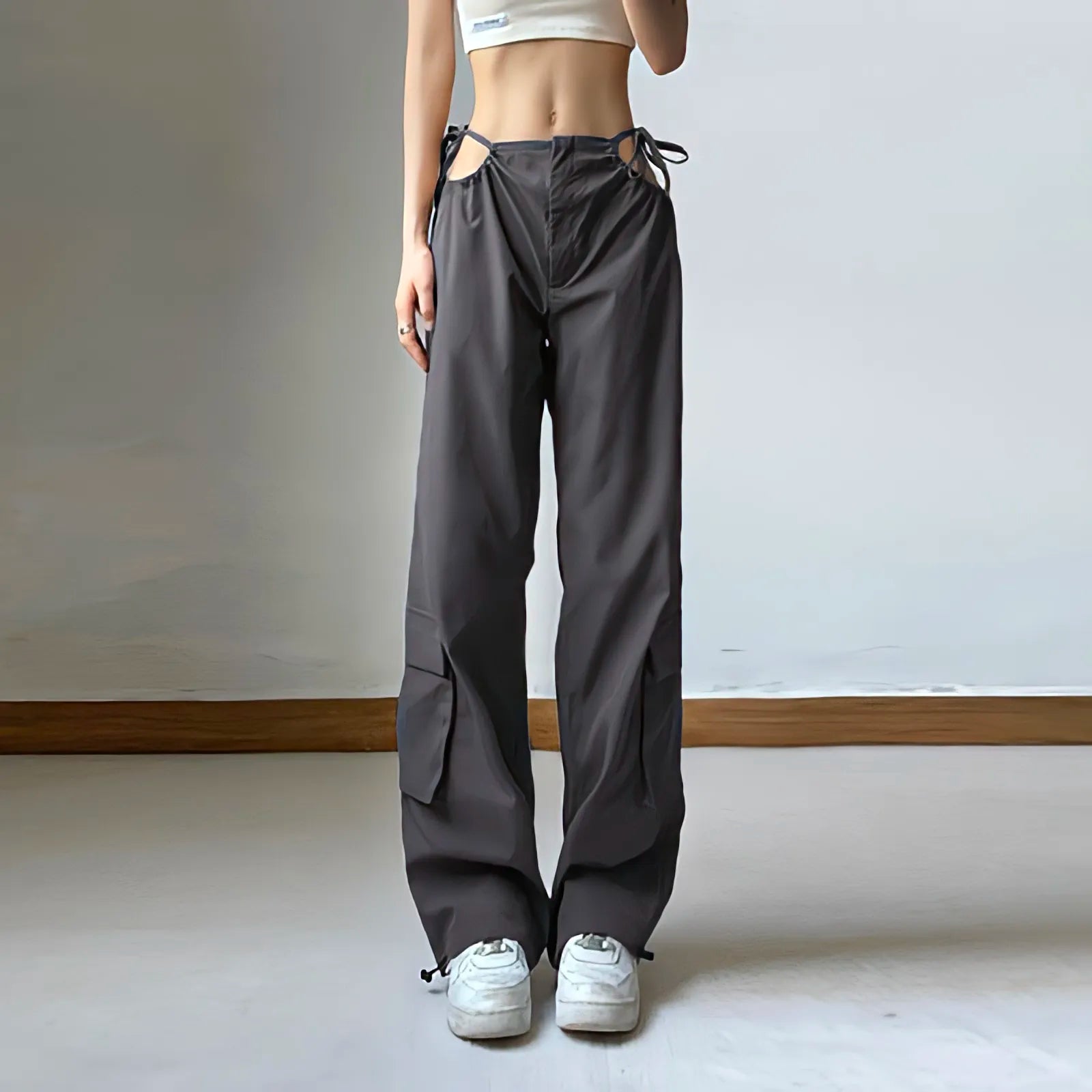 Graue Cargohose für Damen mit weitem Bein