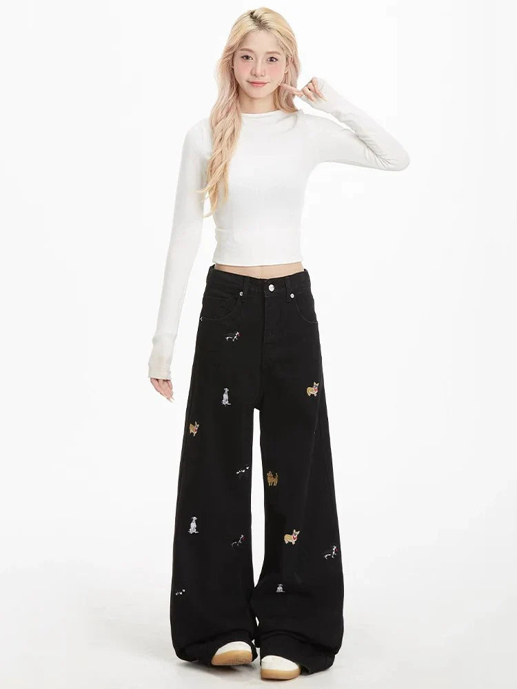 Coole Vintage-Jeans mit amerikanischem Welpenstickerei