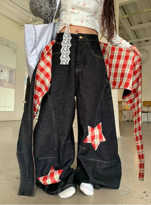 Herbstliche, strapazierfähige Gothic-Jeans mit schwarzem Sternenmuster und weitem Bein
