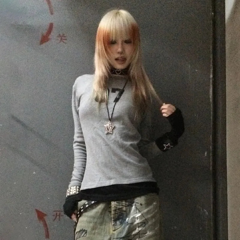 Gothic Vintage Zahlen-Patchwork-T-Shirt