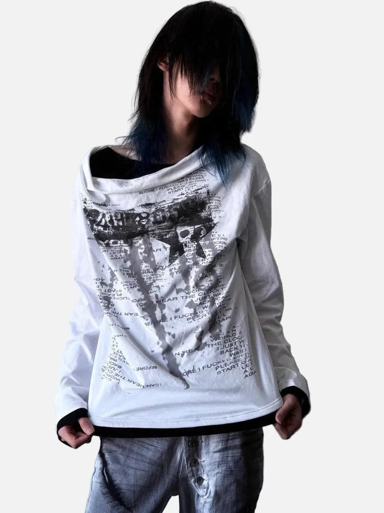 Vintage Patchwork Fake Two Piece Langarm-T-Shirt