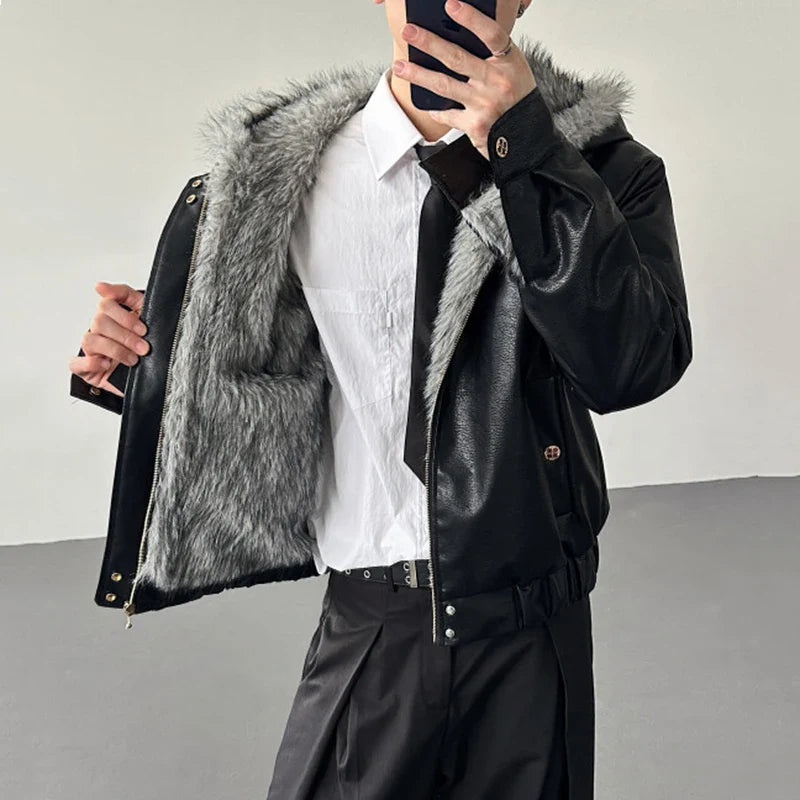 Veste en cuir et fausse fourrure douce à capuche patchwork