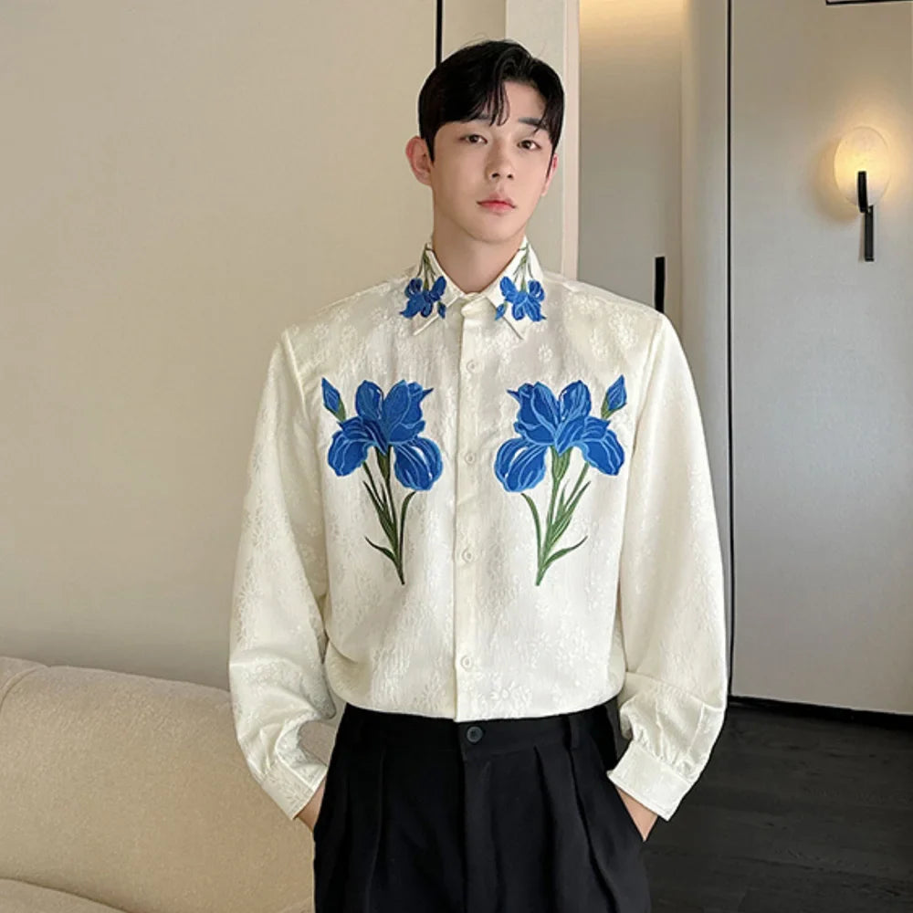 Chemise hip-hop décontractée vintage brodée à fleurs