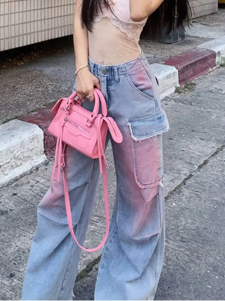 Damen High Waist Loose Cool Tie Cargo Jeans