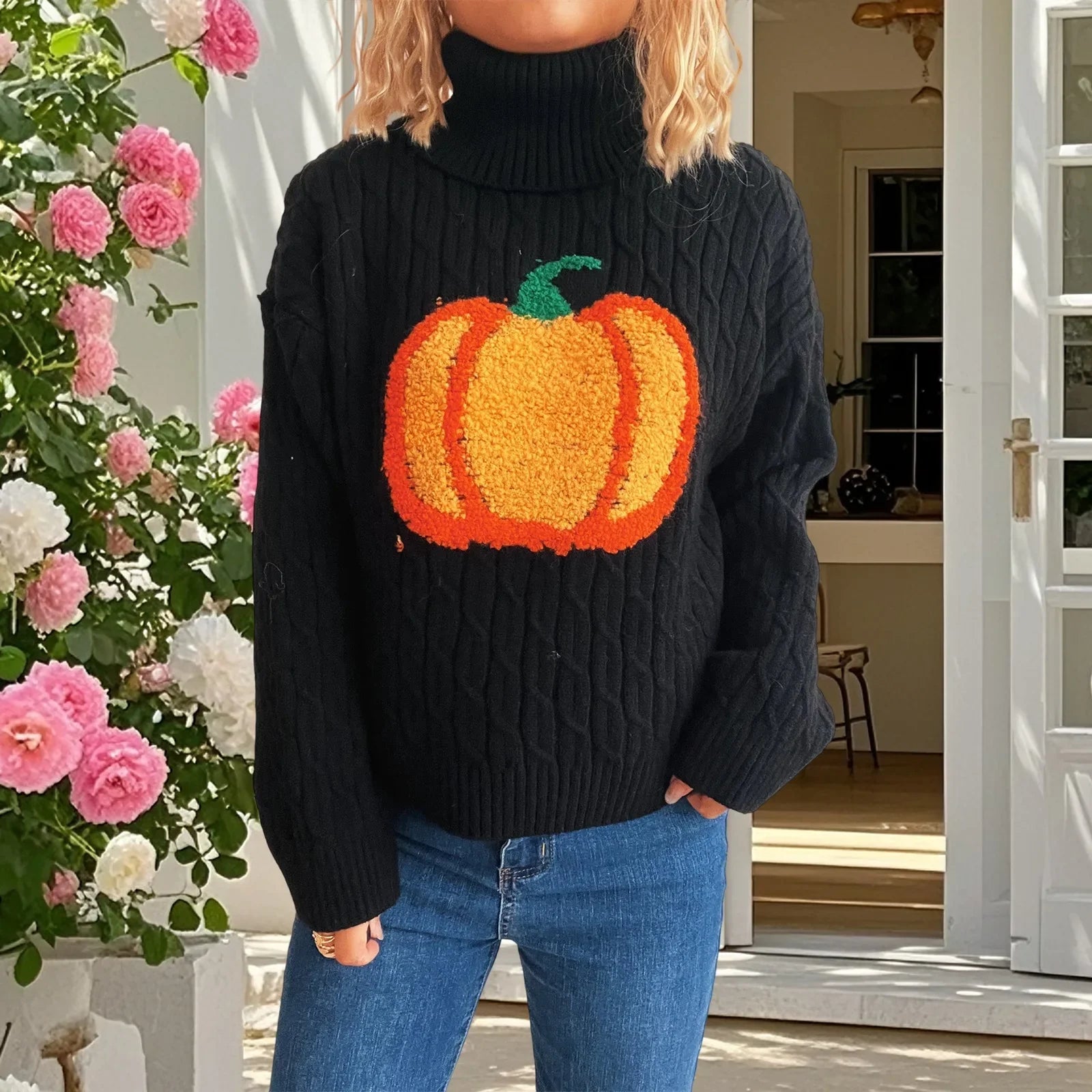 Gemütlicher Halloween-Pullover mit Kürbisstickerei