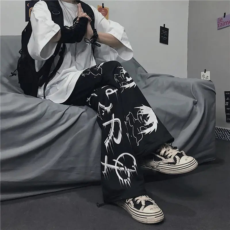 Schwarze Hose mit japanischem Anime-Print (Y2K)