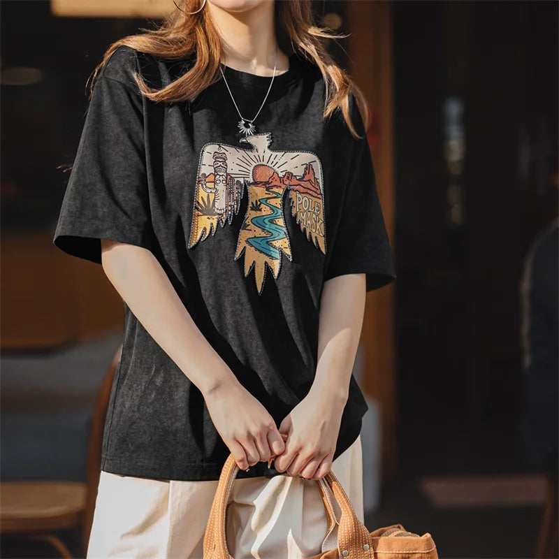 Thunderbird Print Retro Style Besticktes T-Shirt