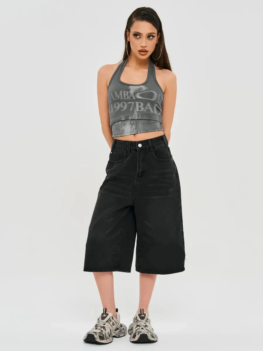Damen Kuschelige, weiche Strick-Jeansshorts aus schwarzem Denim