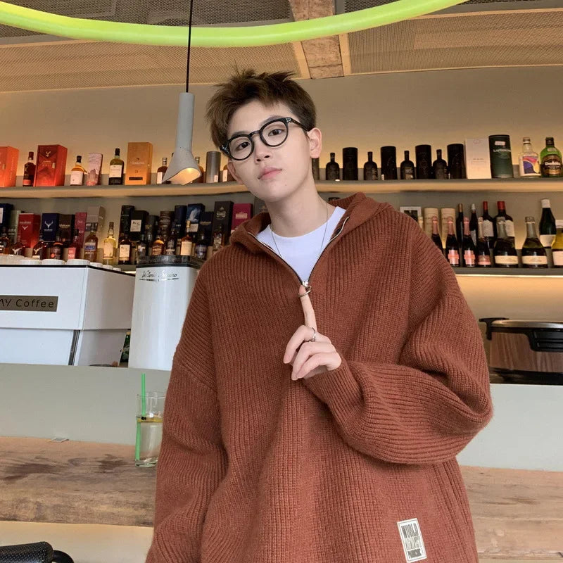 Y2K Stilvoller Strickpullover mit Kapuze und halbem Reißverschluss